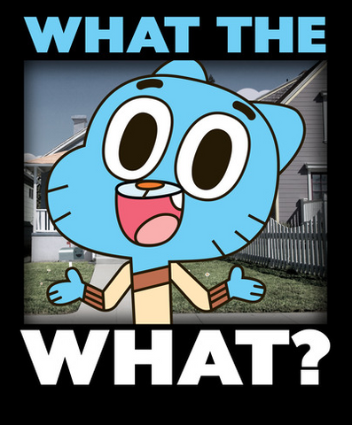 Gumball is portrayed shrugging with the phrase "What the What?"