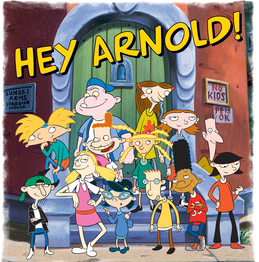 Hey Arnold characters are standing on the stoop with the text, "Hey Arnold" in yellow