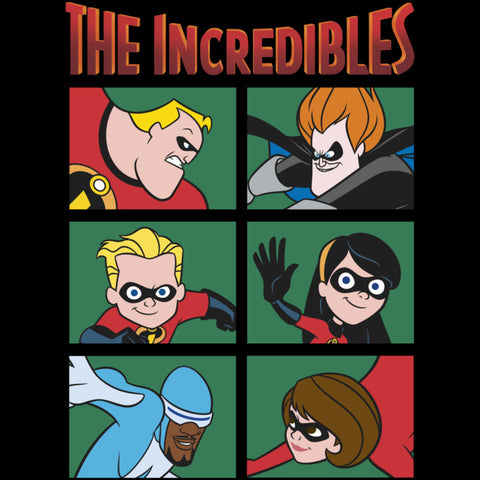 The Incredibles logo with six character panels underneath: Mr. Incredible, Syndrome, Dash, Violet, Frozone, and Elastigirl