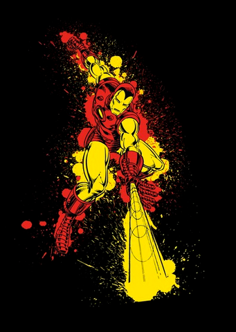Iron Man is designed in a fun paint splatter style, shooting down a flash beam out of repulsor nodes