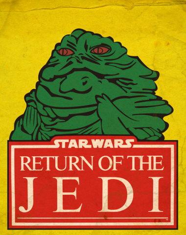 Jabba the Hutt sits next to the Star Wars: Return of the Jedi logo in a trading card-style print