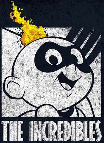  A distressed graphic of Jack-Jack is topped with a flame on his head on top of the text, "The Incredibles"