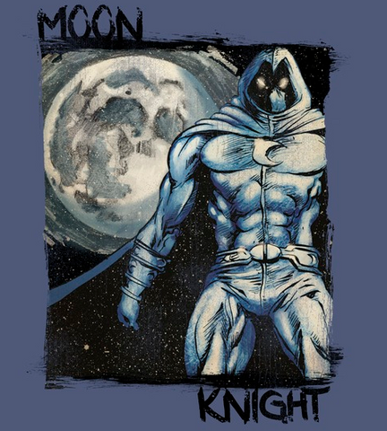 paint-style print of Moon Knight with a glowing full moon behind him and a starry night in the background
