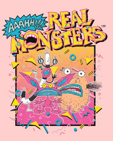 Ickis, Oblina and Krumm in a boxed yellow square with the text, "Aaahh!!! Real Monsters" 