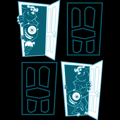 There are four doors with two of them closed. The other two opened doors on the top left and bottom right have Mike and Sulley peeking through them.