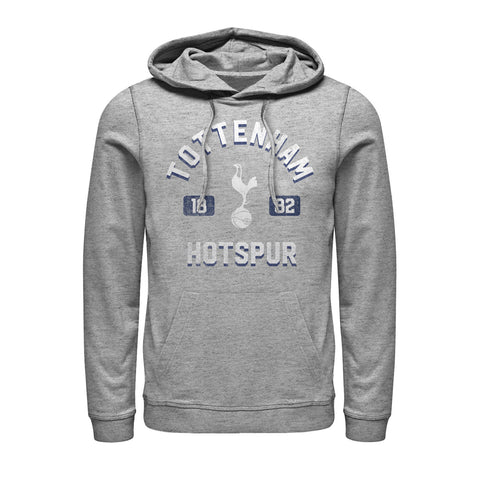 The gray football hoodie features the text, "Tottenham Hotspur" in navy. The words is circulated around the team logo