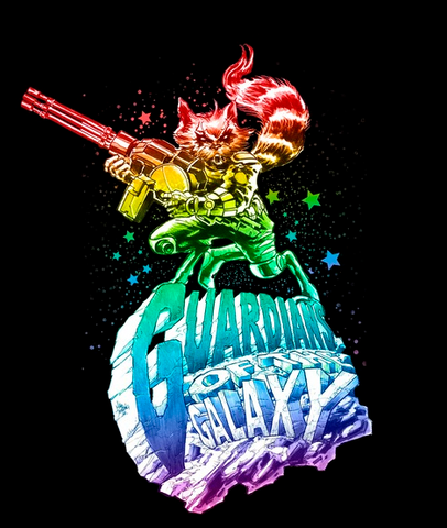 Ombre rainbow of Rocket Racoon holding a rocket launcher and riding an asteroid that reads, "Guardians of the Galaxy"