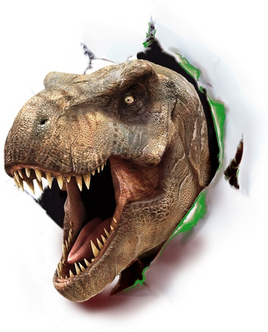 Tyrannosaurus rex appears to burst through with his mouth open wide and the Jurassic World logo below