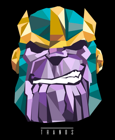 Thanos is portrayed in geometric shapes in shades of purple, teal and gold