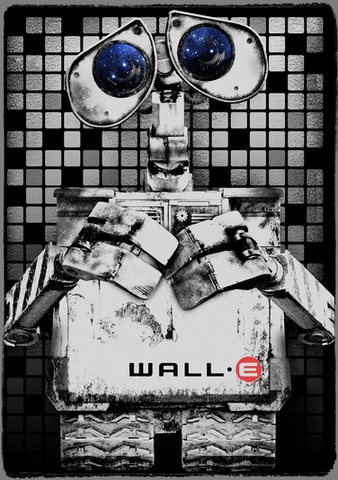 Black and white Wall-E with blue eyes in front of a tile background