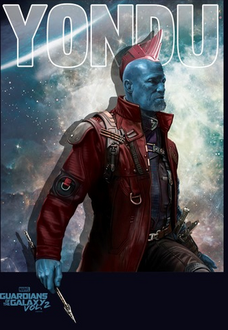 The head of the Ravagers, Yondu Udonta, holding an arrow in his right hand in front of a galaxy background