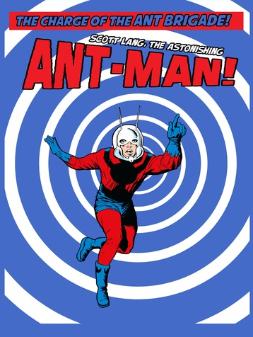 Blue and white swirls with Ant-Man rushing in to save the day. Above him reads "The Charge of the Ant Brigade! Scott Lang, the Astonishing Ant-Man!" 
