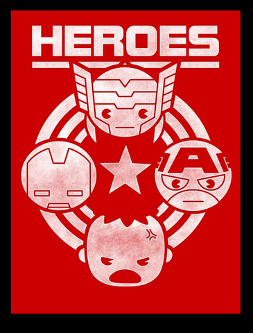 A distressed white print on red reads "Heroes" with Thor, Iron Man, Captain America, and the Hulk printed below as adorable kawaii characters