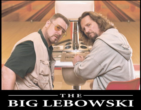 The Dude and Walter are sitting at the bowling alley and looks back at you