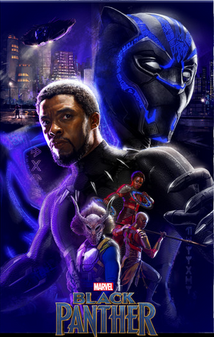 Black Panther, Nakia, Killmonger, and Okoye are portrayed in front of the modern city of Wakanda, in the background