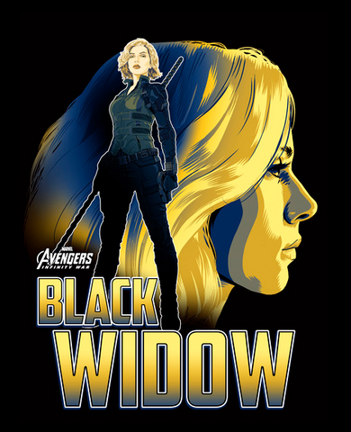Black Widow is portrayed alongside her name. She is standing in front of a backdrop of her face, ready to fight 