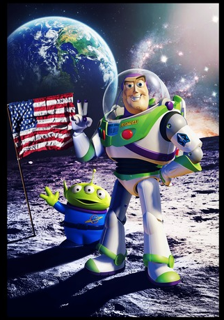 Buzz Lightyear and Squeeze Toy Aliens standing on the moon with the American flag beside them