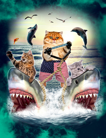 Three cats jet ski on sharks while goldfish, dolphins, and seagulls follow behind on this epic tie-dye print