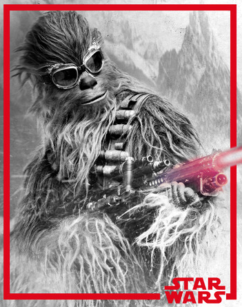  A grayscale graphic shows Wookiee with his blaster and goggles framed by red across the front