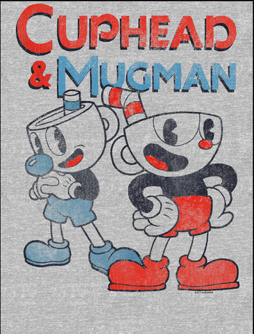 Cuphead and Mugman are standing underneath their names. Cuphead has hands on his hips while Mugman has his arms crossed 