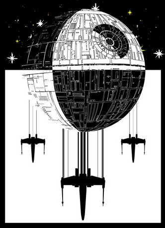 A black and white print design of the Death Star and three X-wing starfighters preparing for battle