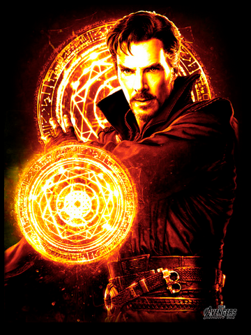 Doctor Strange is illuminated by his protective fields. He stands in front of one as it glows behind him while the other is in front of him