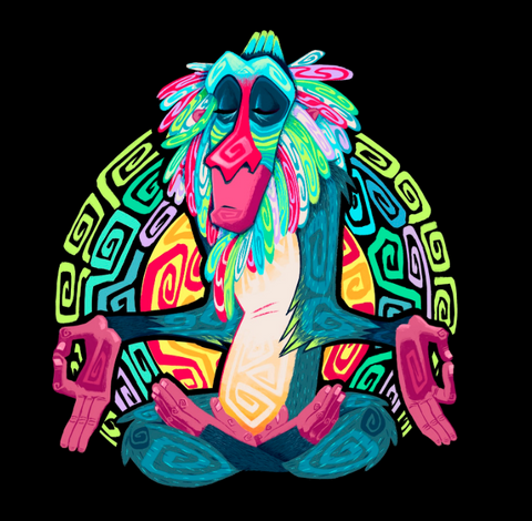 Rafiki is in a lotus pose with his eyes close. He is depicted with geometric patterns and colorful shades