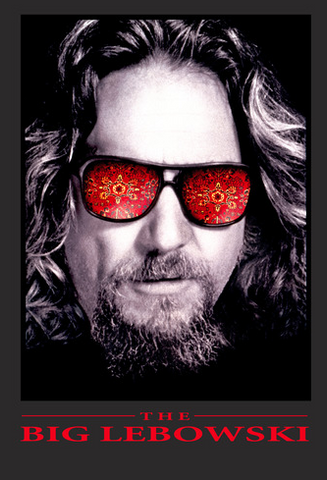  The Dude is portrayed with red psychedelic sunglasses above the film's logo