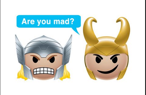 Thor and Loki head emojis are next to each other. Thor looks mad while Loki is smirking with the text bubble, "Are you mad?"