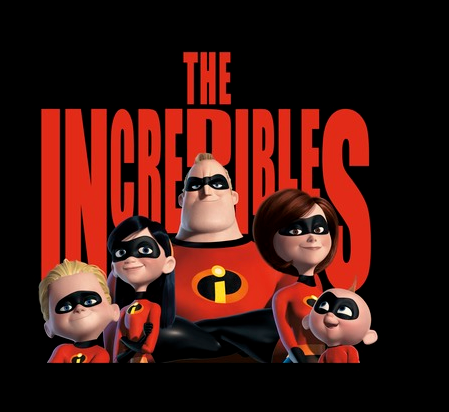The Incredibles superheroes posing in front of the red text "The Incredibles" 