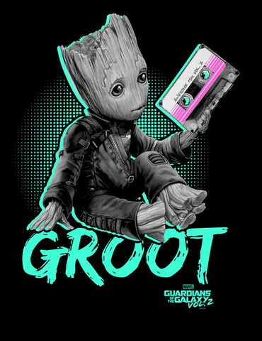 Baby Groot is featured wearing his space gear, holding Quill's beloved cassette tape, with "Groot Guardians of the Galaxy Vol. 2" across him