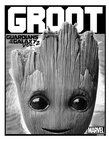 An innocent-looking Groot pops his head up in a frame under his name in big white text