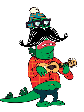 Mr. Gus plucking away on his guitar in a glasses, moustache, and a red flannel shirt