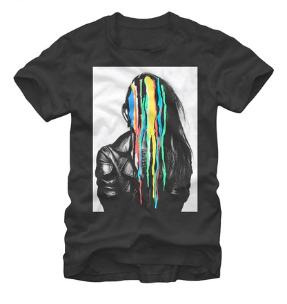 This black t-shirt features a leather jacket clad woman whose face is concealed by brushstroke-like streaks of colors