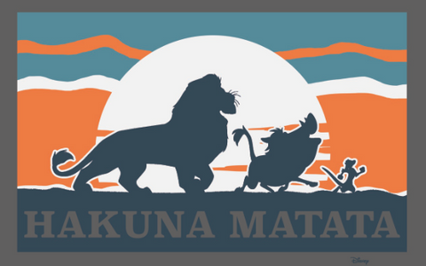 Simba, Timon, and Pumbaa silhouette with text, "hakuna matata"