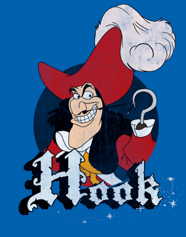 Captain Hook pulling his mustache by his hook and grinning with the his name underneath him