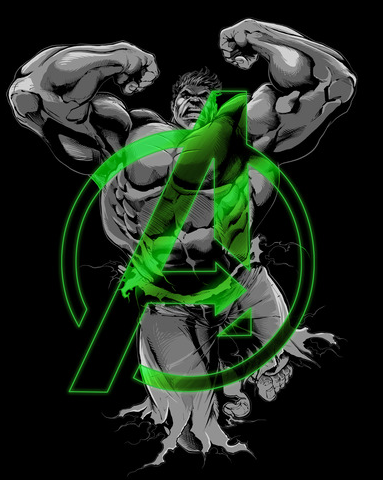 A gray print of the Hulk leaping behind a green Avengers logo