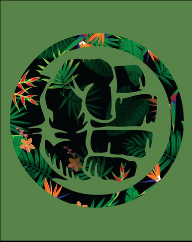 The Hulk's fist logo is portrayed in a tropical floral pattern
