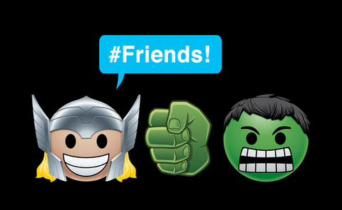  Thor and the Hulk, are portrayed as emojis alongside the text "#Friends" 