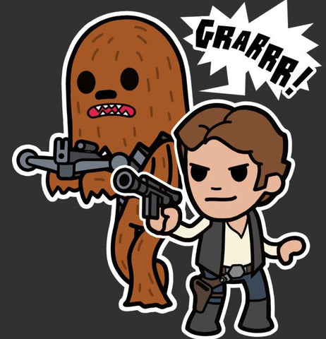 Chewbacca and Han Solo cartoon with their weapons ready to fight