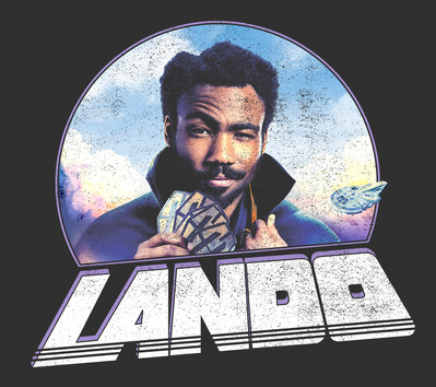 Lando is pictured in a distressed print with his name and the Millennium Falcon