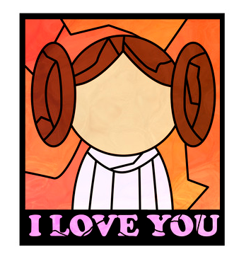 A stained-glass-style image of Princess Leia with her famous quote "I Love You" from The Empire Strikes Back