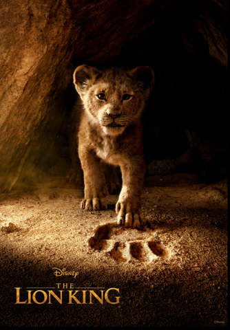 Movie poster of live action Simba behind a paw print