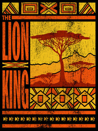 A distressed view of the Savannah landscape with the Lion King logo down the side