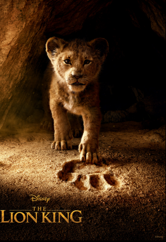 Movie poster of live action Simba behind a paw print