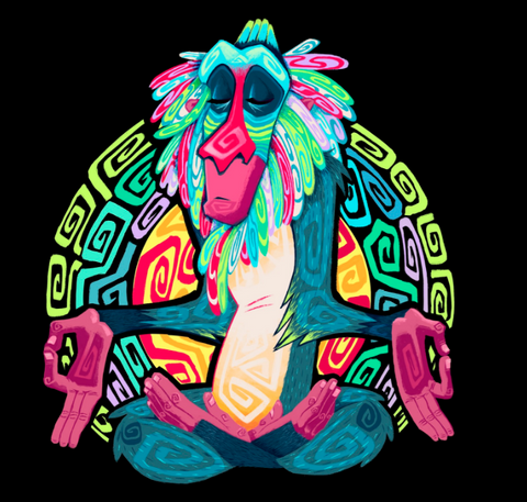 Rafiki is in a lotus pose with his eyes close. He is depicted with geometric patterns and colorful shades