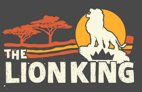 retro design of a silhouette of Simba roaring in front of sun and two baobab trees with the text, "The Lion King"
