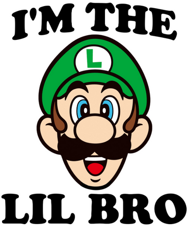 Luigi's head surrounded by the text, "I'm the lil bro"