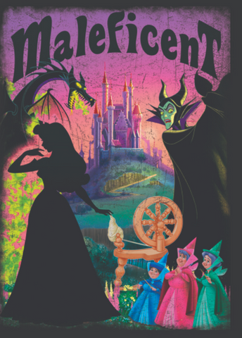 Dragon is hovering over Sleeping Beauty's silhouette with Maleficent and the three fairies on the right. Maleficent is written at the top with the castle in the distance. 