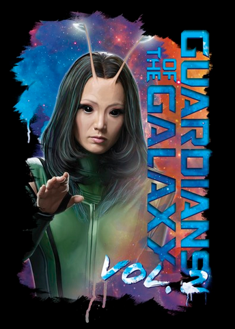 Mantis Stars reaches out her hand with a starry galaxy stretching out behind her. The text, "Guardians of the Galaxy Vol. 2" lines the right side of the photo